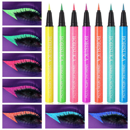 Picture of BOBISUKA UV Shimmer Glow Liquid Eyeliner Set, 7 Colors Glitter Neon Colored Eyeliners Pen, Colorful Waterproof Pigmented Graphic Liners, Metallic Eye Makeup Kit for Rave Accessories Party