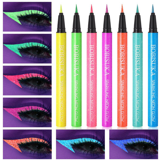 Picture of BOBISUKA UV Shimmer Glow Liquid Eyeliner Set, 7 Colors Glitter Neon Colored Eyeliners Pen, Colorful Waterproof Pigmented Graphic Liners, Metallic Eye Makeup Kit for Rave Accessories Party