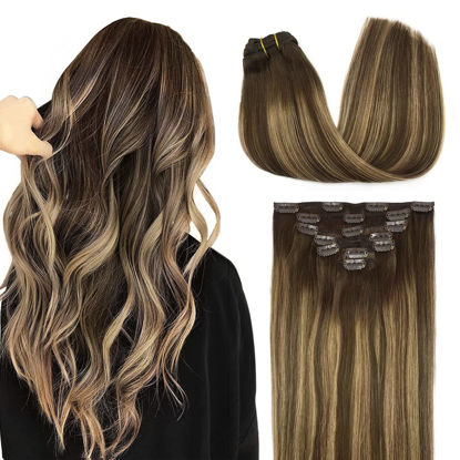 Picture of DOORES Balayage Clip in Human Hair Extensions Chocolate Brown to Caramel Blonde Remy Hair Clip in Extensions Straight Natural Hair Extensions 7pcs 120g 22 Inch