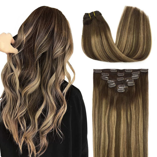 Picture of DOORES Balayage Clip in Human Hair Extensions Chocolate Brown to Caramel Blonde Remy Hair Clip in Extensions Straight Natural Hair Extensions 7pcs 120g 22 Inch