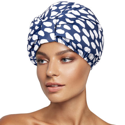 Picture of INNELO Luxury Shower Cap for Women Reusable Waterproof, Double Layered Shower Hair Cap with Adjustable Elastic Strap, Large Satin Lined Shower Bath Cap for Long Curly Straight Hair, Blue