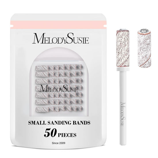 Picture of MelodySusie 50 Pcs Nail Drill Bits Small Sanding Bands with 3.1mm Mandrel Bit, 180 Fine Grit Nail File for Acrylic Nails Gel Manicures and Pedicure, Zebra