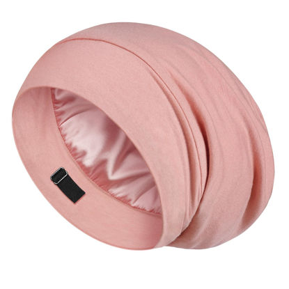 Picture of LULUSILK Mulberry Silk Bonnet for Sleeping Women, No More Frizzy Tangled Hair, Stay On All Night Silk Hair Wrap for Sleeping with Adjustable Strap, Silk Sleep Cap for Women and Men, Pink, Pack of 1