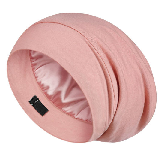 Picture of LULUSILK Mulberry Silk Bonnet for Sleeping Women, No More Frizzy Tangled Hair, Stay On All Night Silk Hair Wrap for Sleeping with Adjustable Strap, Silk Sleep Cap for Women and Men, Pink, Pack of 1