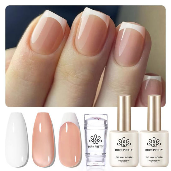 Picture of Born Pretty French Manicure Kit,Nail Stamper and 2Pcs Gel Nail Polish,Include Jelly Natural Pink White Colors for French Tip