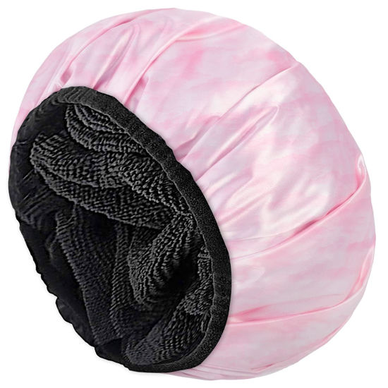 Picture of Aquior Shower Cap,Extra Large Triple Layer Bathing Cap with Dry Hair Function for Women Microfiber Terry Cloth Silky Satin 100% Waterproof Reusable Long Hair Bath Caps (Pink Cloud)