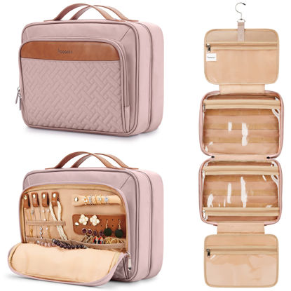 Picture of Travel Hanging Toiletry Bag for Women, Extra Large Makeup Bag, Holds Full-Size Shampoo, with Jewelry Organizer Compartment, Waterproof Cosmetic Bag, Toiletries Kit Set with Trolley Belt, Baby Pink