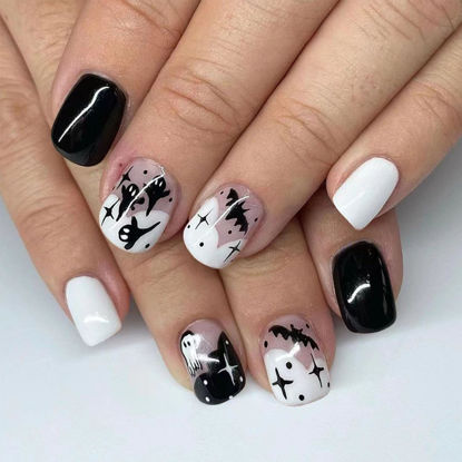 Picture of Halloween Press on Nails Short Square Halloween Fake Nails with Ghost Bats Design Black White French Tips False Nails Glossy Glue on Nails Cute Halloween Acrylic Stick on Nails for Women 24Pcs