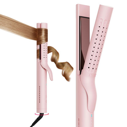 Picture of TYMO Airflow Curling Iron for Lasting Curls - Flat Iron Hair Straightener and Curler 2 in 1, Anti-Scald Ionic Curling Wand 1.25 Inch, 360° Cool Air, 5 Temps & Dual Voltage for Long Short Hair, Pink