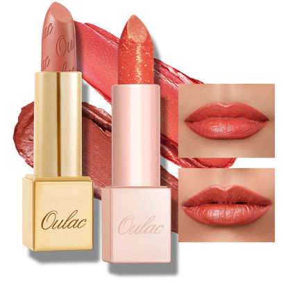 Picture of Oulac Orange Lipstick Set 2PCS - Included Metallic Orange Lipstick and Sheer Orange Liptsick, Vegan Lightweight Hydrating Formula, 05+PG04