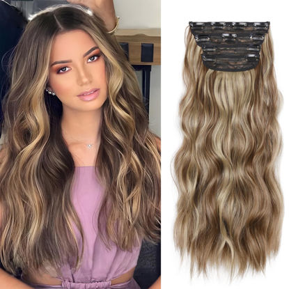 Picture of 20 Inches Brown Hair Extensions, 4Pcs Synthetic Clip in Hair Extensions, Wavy Long Hair Extensions Clip in, Natural Thick Hair Extensions (Color:Light Brown Mixed Blonde)