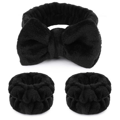 Picture of WSYUB Makeup Headbands, 1pcs Black Spa Headband Fluffy Bow Tie Headband Microfiber Face Headband, and 2Pcs Wrist Spa Wash Band Absorbent Wristbands, for Washing Face Skin Care