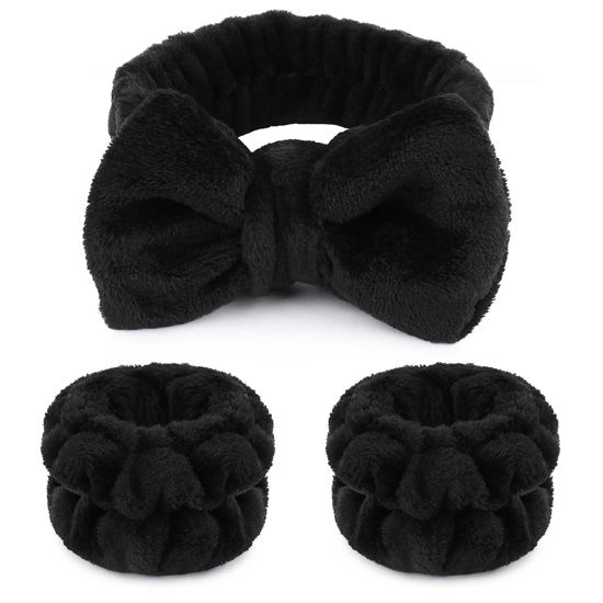 Picture of WSYUB Makeup Headbands, 1pcs Black Spa Headband Fluffy Bow Tie Headband Microfiber Face Headband, and 2Pcs Wrist Spa Wash Band Absorbent Wristbands, for Washing Face Skin Care