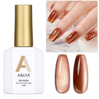 Picture of AILLSA Cat Eye Gel Nail Polish Brown Glitter Gold Gel Polish with Magnet, Amber Nude Shimmer Gel Polish Crystal Reflective Jelly Winter Color Translucent UV Gel Salon DIY at Home 0.5 OZ GF24