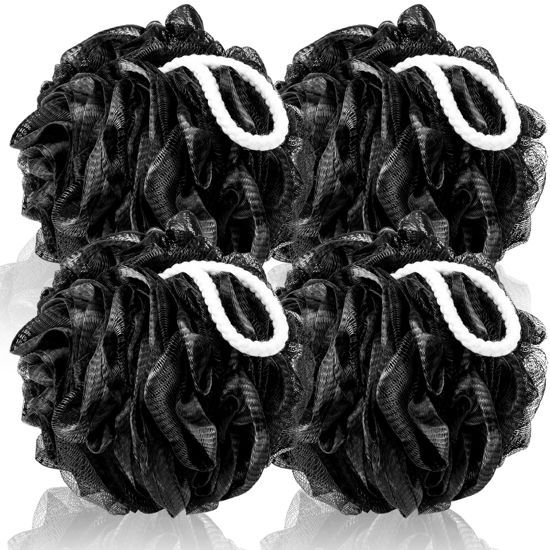 Picture of MTDLYICE Loofah Sponge XXL-100g 4 Pack, Bath Sponge Soft Mesh Shower Puff Loofah for Men, Exfoliating Body Scrubber for Women, Shower Accessories (Black)