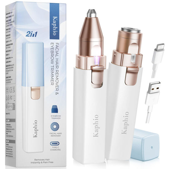 Picture of Facial Hair Removal for Women: 2 in 1 Electric Hair Removal Device for Chin Upper Lip Peach Fuzz & Rechargeable Eyebrow Trimmer for Shape Brows with Light (Blue)