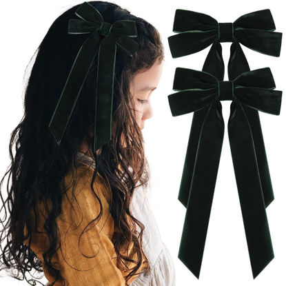 Picture of 2PCS Velvet Hair Bows Green Hair Ribbon Clips Big Fall Alligator Clips Hair Accessories for Women Girls Toddlers Kids Baby