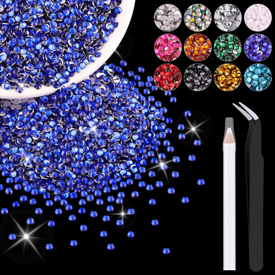 Picture of 5000PCS 3mm Resin Rhinestones in Bulk (Royal Blue), Bedazzling Flatback Crystals for Crafts DIY Nail Decoration, Gems Charms for Tumbler Shoes Clothing Fabric with Pickup Pen and Tweezers