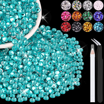 Picture of 4000PCS 4mm Resin Rhinestones in Bulk (Lake Blue/Aquamarine), Bedazzling Flatback Crystals for Crafts DIY Nail Decoration, Gems Charms for Tumbler Shoes Clothing Fabric with Pickup Pen and Tweezers