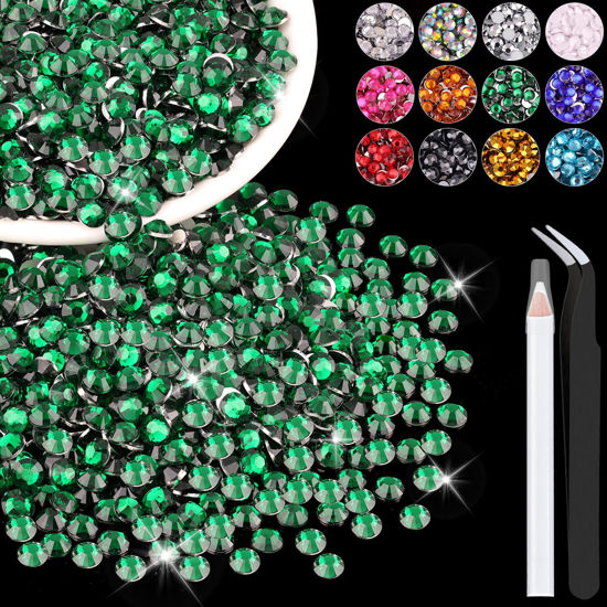 Picture of 4000PCS 4mm Resin Rhinestones in Bulk (Dark Green), Bedazzling Flatback Crystals for Crafts DIY Nail Decoration, Gems Charms for Tumbler Shoes Clothing Fabric with Pickup Pen and Tweezers