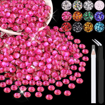 Picture of 1200PCS 6mm Resin Rhinestones in Bulk (Hot Pink), Bedazzling Flatback Crystals for Crafts DIY Nail Decoration, Gems Charms for Tumbler Shoes Clothing Fabric with Pickup Pen and Tweezers
