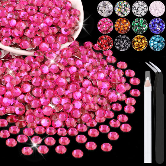 Picture of 1200PCS 6mm Resin Rhinestones in Bulk (Hot Pink), Bedazzling Flatback Crystals for Crafts DIY Nail Decoration, Gems Charms for Tumbler Shoes Clothing Fabric with Pickup Pen and Tweezers