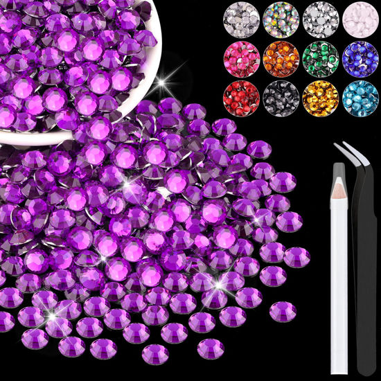 Picture of 1200PCS 6mm Resin Rhinestones in Bulk (Dark Violet), Bedazzling Flatback Crystals for Crafts DIY Nail Decoration, Gems Charms for Tumbler Shoes Clothing Fabric with Pickup Pen and Tweezers