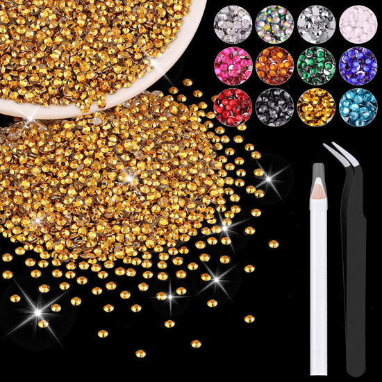 Picture of 5000PCS 3mm Resin Rhinestones in Bulk (Gold), Bedazzling Flatback Crystals for Crafts DIY Nail Decoration, Gems Charms for Tumbler Shoes Clothing Fabric with Pickup Pen and Tweezers