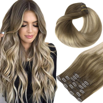 Picture of HOTBANANA Human Hair Clip in Hair Extensions, Ombre Walnut Brown to Ash Brown and Bleach Blonde 120g Clip in Hair Extensions Real Human Hair Straight Remy Hair Clip Ins 24 Inch 7pcs