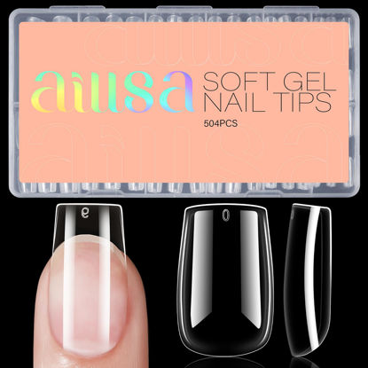 Picture of AILLSA Short Square Nail Tips - 504pcs Clear Soft Nail Tips Full Cover Gel Nails Tips Pre-shaped Acrylic for Extensions Easy for Home DIY Nail Salon 12 Sizes
