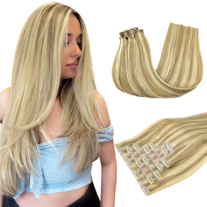 Picture of DOORES Seamless Clip in Hair Extensions Real Human Hair, Light Blonde Highlighted Golden Blonde 16 Inch 110g 7pcs, Human Hair Extensions Seamless Invisible PU Weft Hair Invisi Edge Hair Extensions