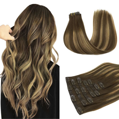 Picture of DOORES Seamless Clip in Hair Extensions Real Human Hair, Chocolate Brown to Caramel Blonde 18 Inch 110g 7pcs, Human Hair Extensions Skin Weft Remy Straight Hair Invisi Edge Hair Extensions