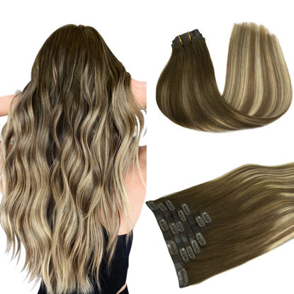 Picture of DOORES Hair Extensions Seamless Clip in Human Hair, Walnut Brown to Ash Brown and Bleach Blonde 110g 7pcs 16 Inch, Invisi Edge Hair Extensions Real Human Hair Clip in Remy Straight Hair