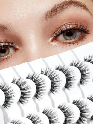 Picture of Fluffy Lashes Wispy False Eyelashes Natural Volume Mink Lashes 12MM Strip Eyelashes with Thin Band C Curl Eyelashes False Lashes 7 Pair Siligli