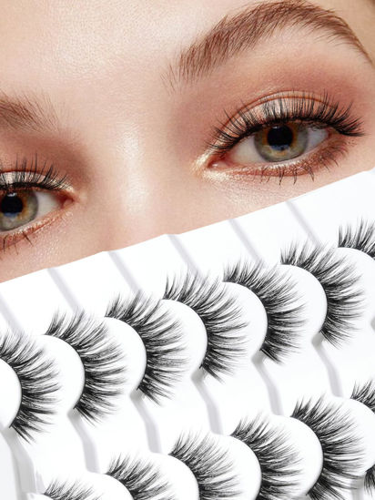 Picture of Fluffy Lashes Wispy False Eyelashes Natural Volume Mink Lashes 12MM Strip Eyelashes with Thin Band C Curl Eyelashes False Lashes 7 Pair Siligli