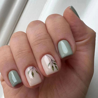 Picture of Square Press on Nails Short Cute Light Green False Nails with Leaves Designs Fall Light Pink Full Cover Faux Nails Press ons for Women Daily Wear Simple Fake Nails 24 Pcs