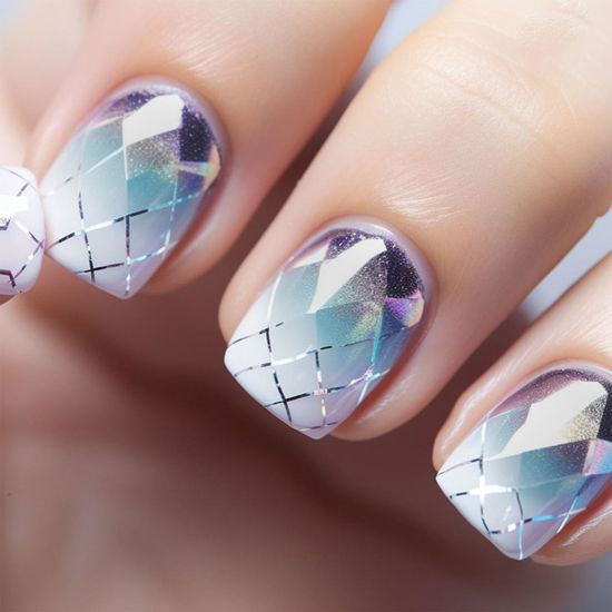 Picture of Square Press on Nails Short Purple Blue Gradient Fake Nails Smudge Plaid Acrylic Nails Press ons Full Cover Glossy Glue Stick on Nails for Women Girls 24 Pcs