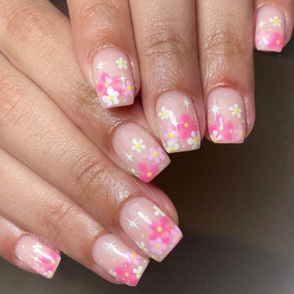 Picture of Acrylic Press on Nails Short Square Fake Nails Pink Full Cover False Nails Flower Stars Glue on Nails Glossy Nails Press ons Artificial Stick on Nails for Women 24Pcs