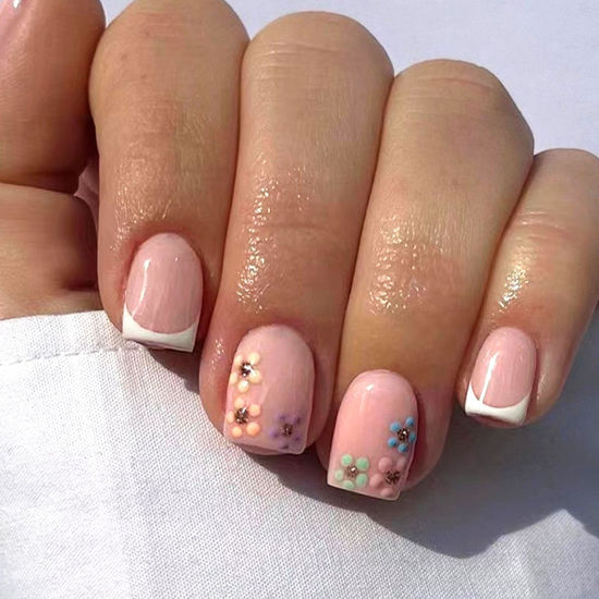 Picture of Short Press on Nails Square White French Tip Fake Nails Press ons Flower Glue on Nails Pink Full Cover Acrylic Nails Glossy Artificial Stick on Nails for Women and Girls 24Pcs