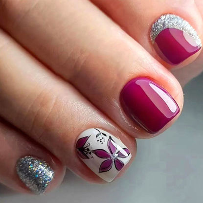 Picture of Short Press on Nails Square Fake Nails Rose Red Full Acrylic Nails Press ons White French Tip Stick on Nails Silver Glitter Flower Glue on Nails Glossy Artificial False Nail for Girls 24Pcs