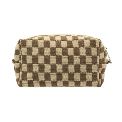 Picture of PAZIMIIK Checkered Makeup Bag for Purse Portable Zipper Make Up Pouch Small Cosmetic Case for Travel Accessories (Coffee)