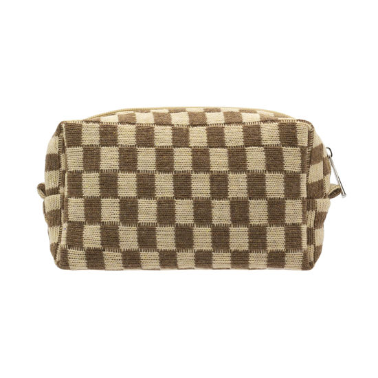 Picture of PAZIMIIK Checkered Makeup Bag for Purse Portable Zipper Make Up Pouch Small Cosmetic Case for Travel Accessories (Coffee)