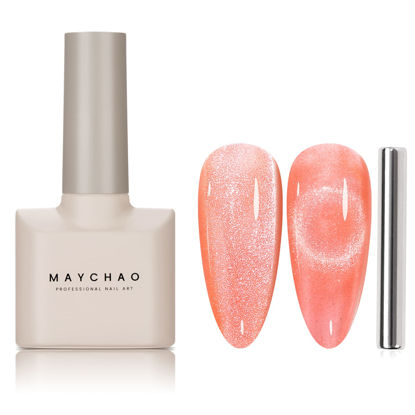 Picture of MAYCHAO 15ML Cat Eye Gel Nail Polish 1Pc Coral Gel Polish with Magnet Soak off Holographic Magnetic Nail Polish for Nail Art Manicure Salon DIY at Home, 0.5 OZ