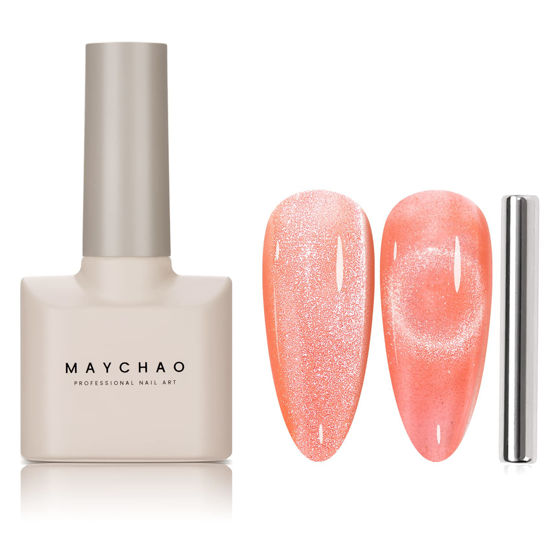Picture of MAYCHAO 15ML Cat Eye Gel Nail Polish 1Pc Coral Gel Polish with Magnet Soak off Holographic Magnetic Nail Polish for Nail Art Manicure Salon DIY at Home, 0.5 OZ