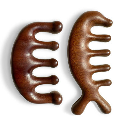 Picture of 2 Pack Wooden Wide Tooth Hair Comb and Head Massage Tool - Handmade 100% Natural Green Sandalwood Meridian Scalp Massager