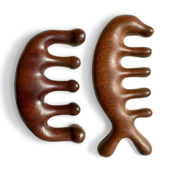 Picture of 2 Pack Wooden Wide Tooth Hair Comb and Head Massage Tool - Handmade 100% Natural Green Sandalwood Meridian Scalp Massager