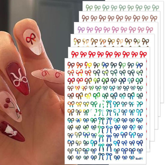 Picture of Bows Nail Art Stickers Bows Nail Decals Laser Bow Knot Nail Art Design Stickers 3D Self-Adhesive French Valentines Nail Charms Supplies for Women Girls Acrylic DIY Manicure Decoration 6 Sheets