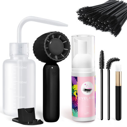Picture of Buqikma Lash Shampoo Kit - Eyelash Extension Cleanser for Extensions 60ML with Rechargeable Handheld Lash Fan Dryer Mascara Brush Rinse Bottle Makeup Cleansing Foam for Lash Care