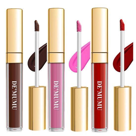 Picture of DE'MUMU 3Pc Matte Liquid Lipsticks for Women, Dark Brown Lipstick Red Lisptick Pink Lipstick, Cruelty Free Long Lasting Lip Makeup (DM15+DM05+DM26)