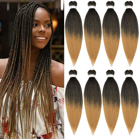 Picture of Pre-stretched Braiding Hair Extension Professional Crochet Braiding Hair 32 Inch 8 Packs Hot Water Setting Perm Yaki Synthetic Hair for Twist Braids (32inch,#1B/27)